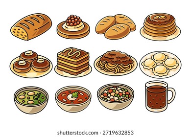 Pan de trigo, panqueque con crema, rollo de pan, panqueque con jarabe, donut, pastel de miel, espaguetis, dumpling, sopas, ensalada, café caliente Ilustración colorida elemento de diseño conjunto para restaurante y cafeterías