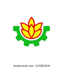 Wheat logo design with cogwheel. Vector illustration and emblem on white background. Isolated drawing.