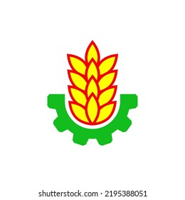 Wheat logo design with cogwheel. Vector illustration and emblem on white background. Isolated drawing.