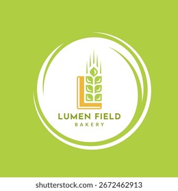 Weizenlogo, Vintage einzeln auf grünem Hintergrund. Runde Etikett grün mit Ohren Silhouette. Emblemvorlage für Bauernhof mit Weizen. Vektorgrafik