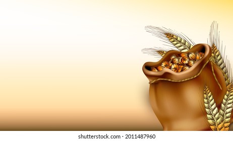 Wheat And Malt Harvest In Bag Copy Space Vector. Wheat Spikelets Plant In Sachet Package, Natural Grain Spikes. Harvesting Farm Agricultural Organic Ingredient Template 3d Illustration