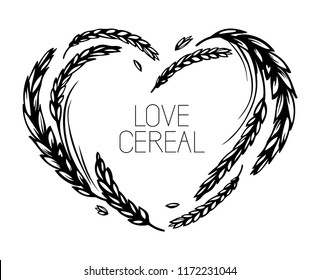 Wheat or malt heart frame on white background. Love cereal. Black and white hand drawn sketch for bakery, cereals or labels design