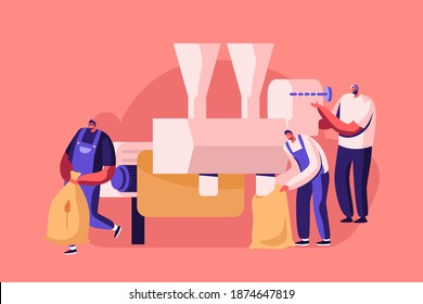 Wheat Manufacture Process, Characters Producing Flour Concept. People Grinding Cereals Harvest on Special Machine and Pour in Sacks on Factory, Agriculture, Bread Industry. Cartoon Vector Illustration