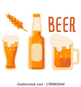 Wheat and mug of beer on white isolated backdrop. Bottle of beer for invitation or gift card, notebook, craft beer shop logo, scrapbook. Phone case or cloth print. Flat style stock vector illustration