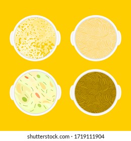 Wheat Noodles, Buckwheat Noodles, Vegetable Soup, Cheese Cream Soup.Set of different dishes in a flat style.Top view.Vector collection of a icons