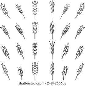 Wheat, oat, rice, barley, corn, rye, millet, flax grain ear, nature set, line icon. Linear sketch ear and grain. Outline spica plant for agriculture, cereal products, bakery. Vector