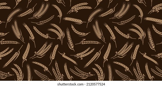 Wheat, oat, rye and barley ears seamless pattern. Bakery or bread seamless background with ears of cereal crops