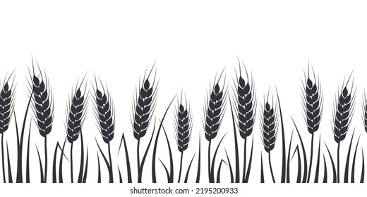 Wheat, oat, rye or barley field silhouette. Cereal plant border, agricultural landscape with black spikelets. Banner for design beer, bread, flour packaging