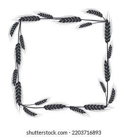 Silueta de trigo, avena, centeno o cebada. Borde de plantas de cereales, paisaje agrícola con espigas negras. Pancarta de diseño de cerveza, pan, embalaje de harina.