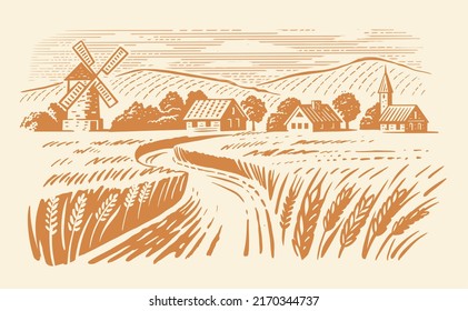 Wheat Organic Farming landscape. Farm and Fields with Harvest