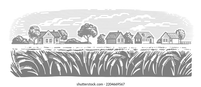 Wheat Organic Farming landscape vector. Farm and Fields with Harvest