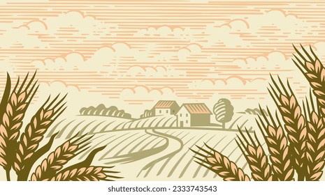 Wheat Organic Farming landscape vector. Fields with Harvest