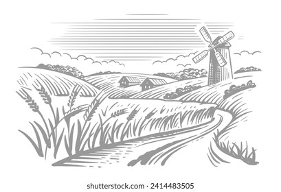 Wheat Organic Farming landscape vector. Farm and Fields with Harvest