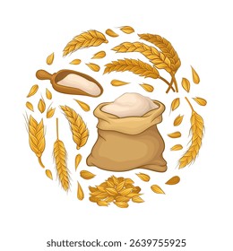 Wheat, organic grain products in circular shape. Bakery and pastry shop poster, card, background vector illustration