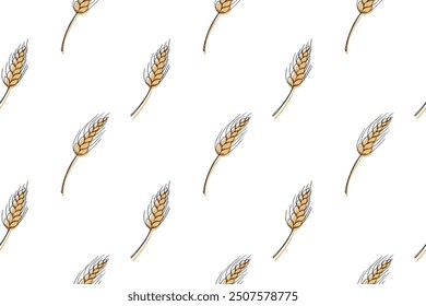 Wheat pattern. Grain malt and wheat, barley, oat, rice, millet, maize, bran, rye or corn. Wheat ears gold background. Golden texture plant for design prints. Flour for bread. Vector illustration