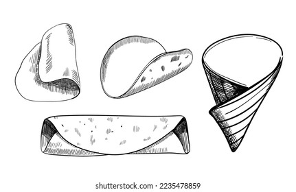 Wheat pita bread set. Ingredient for cook tortilla, burrito, taco, burritos, tacos. Realistic loaves. Food design. Stylish design with sketch illustration. Vector illustration.