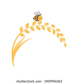 Wheat plant with bee cartoon on white background vector illustration.