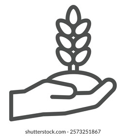 Wheat plant in hand line icon, wheat production concept. Vector graphics. Grain ear of wheat in hand palm sign on white background, outline style icon for mobile or web design