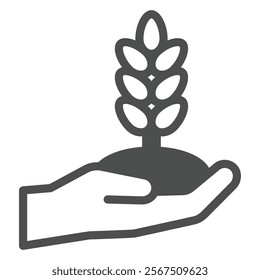 Wheat plant in hand solid icon, wheat production concept. Vector graphics. Grain ear of wheat in hand palm sign on white background, glyph style icon for mobile or web design