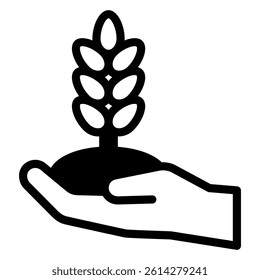 Wheat plant in hand solid icon, wheat production concept. Vector graphics. Grain ear of wheat in hand palm sign on white background, glyph style mobile or design