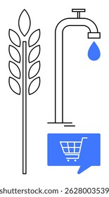 Wheat plant, water tap with blue droplet, and blue chat bubble with shopping cart. Ideal for agriculture, water conservation, e-commerce, sustainability, resource management, digital business