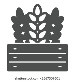 Wheat plant in wooden box solid icon, wheat production concept. Vector graphics. Grain storage and transportation sign on white background, glyph style icon for mobile or web design