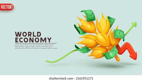 Wheat prices. Creative concept of world economy. financial investment in farming business. Realistic 3d design, yellow spikelet wheat of grain and money green paper dollar bills. vector illustration