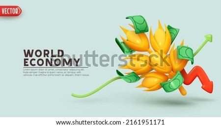 Wheat prices. Creative concept of world economy. financial investment in farming business. Realistic 3d design, yellow spikelet wheat of grain and money green paper dollar bills. vector illustration