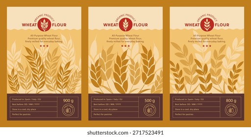 Wheat Product Label Set with Ear of Wheat Illustrations and Logo Design. Vector Branding Templates for Flour and Bakery Packaging