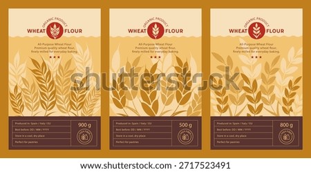 Wheat Product Label Set with Ear of Wheat Illustrations and Logo Design. Vector Branding Templates for Flour and Bakery Packaging