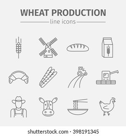 Wheat production line icons set. Agriculture and farming web sign. Vector illustration.