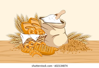 Wheat products on table. Flour, bread and various bakery wheat product. Vector illustration