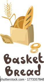 A lot of wheat products in a paper basket. Bread and pastry clipart collection. Bread house. Set with bakery products on a white background. Baguette, loaves, rye bread, bagels. Cute flat style.