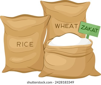 Wheat and Rice Grains Bag for Zakat Fitrah Islamic Obligatory Charity Vector Illustration