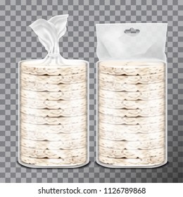Wheat, Rice or Maize toast in clear plastic or cellophane film pack. Vector set of bread pack design. 3d illustration, adjustable and scalable for your design