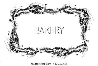 wheat, rye, barley, malt rectangular frame on white background. Black and white hand drawn sketch for bakery, beer or cereals labels design