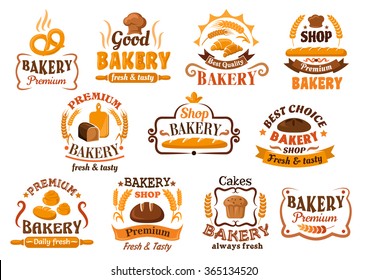 Wheat and rye bread, pastry and bakery shop signboards, icons and emblems design. Decorated by cartouches, ribbon banners, cereal ears, chef hats, sun rays, stars and swirls