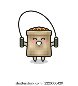 caricatura del personaje del saco de trigo con cuerda para saltar, diseño lindo