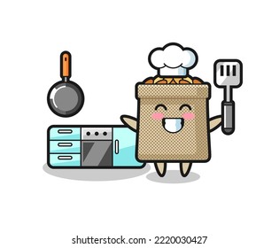 ilustración de caracter de saco de trigo como chef está cocinando, diseño lindo