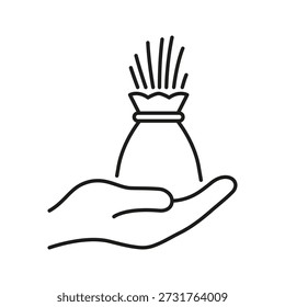 Wheat Sack In Hand Line Icon. Farming Crop And Food Resource Outline Symbol. Rural Agriculture And Nutrition Supply. Editable Stroke. Isolated Vector Illustration.