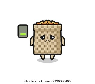 personaje de mascota de saco de trigo haciendo un gesto cansado, diseño lindo