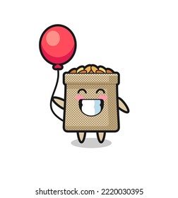 wheat sack mascot illustration is playing balloon , cute design