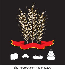 Wheat, satin ribbon scarlet, bread, loaf, croissant and cake on a black background. Vector illustration.