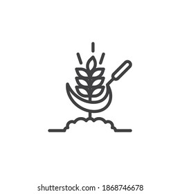 Wheat and scythe line icon. linear style sign for mobile concept and web design. Sickle and wheat outline vector icon. Farming, harvest symbol, logo illustration. Vector graphics