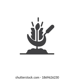 Wheat and scythe vector icon. filled flat sign for mobile concept and web design. Sickle and wheat glyph icon. Farming, harvest symbol, logo illustration. Vector graphics