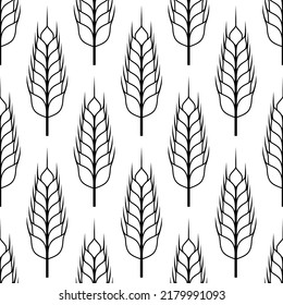 Wheat seamless pattern. Bread grain texture. Stalk oat, barley, corn, rye, malt, bran, millet, maize, rice background. Ear of wheat patern. Black bakery motif isolated on white. Design prints. Vector 