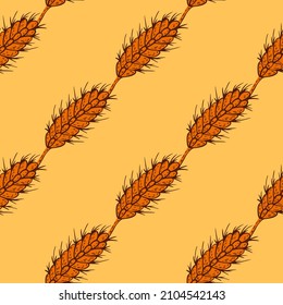 Wheat seamless pattern. Cereal crop sketch. Repeated texture in doodle style for fabric, wrapping paper, wallpaper, tissue. Vector illustration.