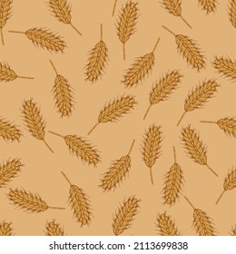 Wheat seamless pattern. Cereal crop sketch. Repeated texture in doodle style for fabric, wrapping paper, wallpaper, tissue. Vector illustration.