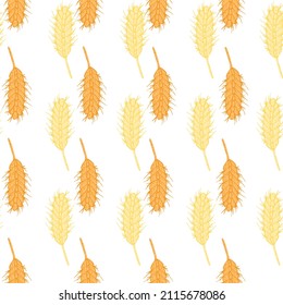 Wheat seamless pattern. Cereal crop sketch. Repeated texture in doodle style for fabric, wrapping paper, wallpaper, tissue. Vector illustration.