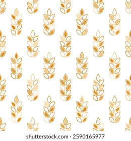 Wheat seamless pattern. Design wheat bread for prints. Repeated ear background. Repeating oat field. Texture malt. Beer grain. Rice flour. Bakery motif. Repeat graphic plant. Vector illustration